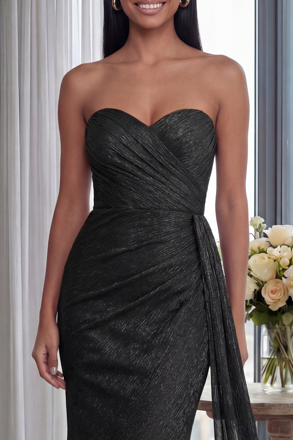 Sparkly Black Sweetheart Mermaid Ruched Long Prom Dress with Streamer