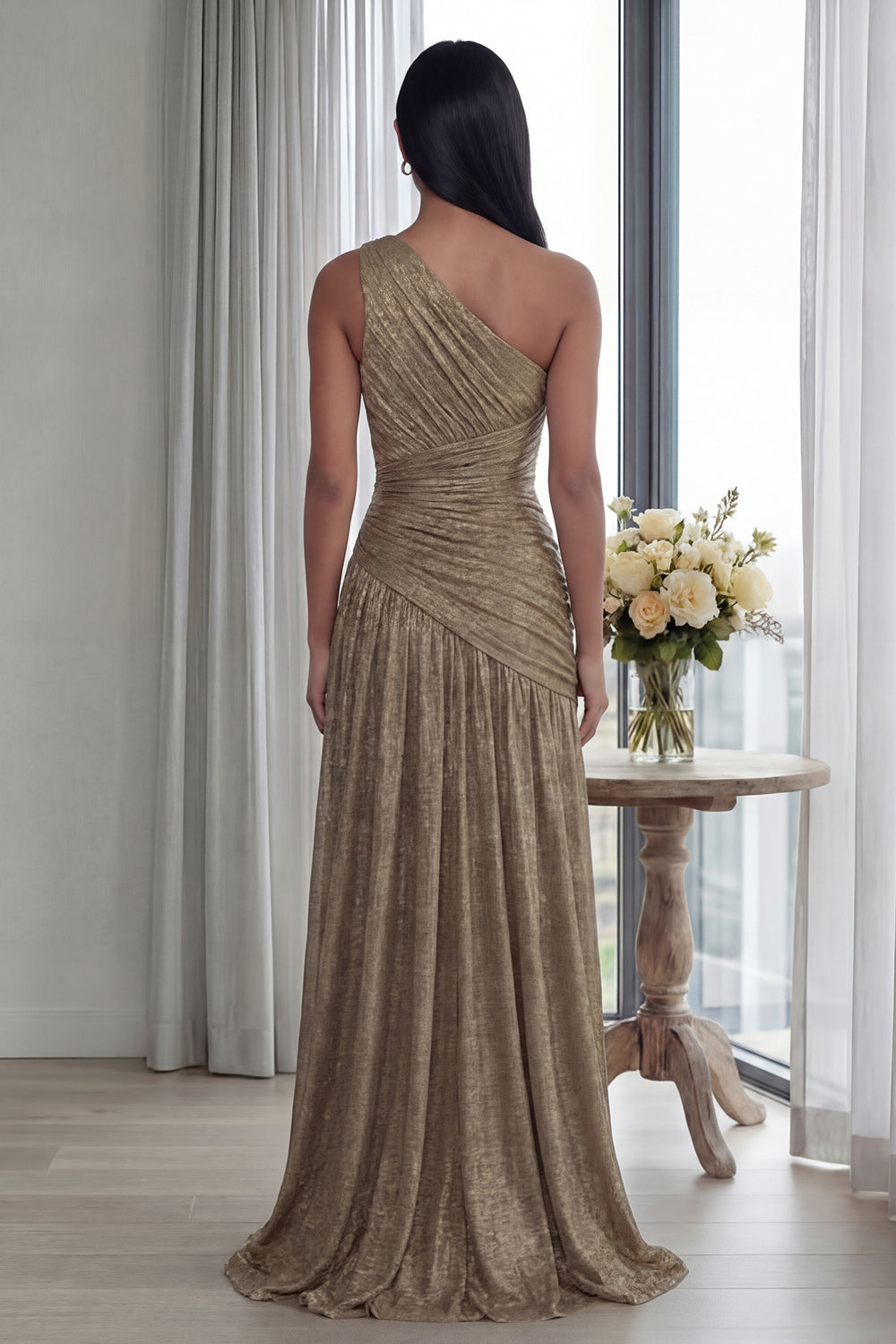 Glitter Gold A Line One Shoulder Pleated Long Prom Dress with Slit