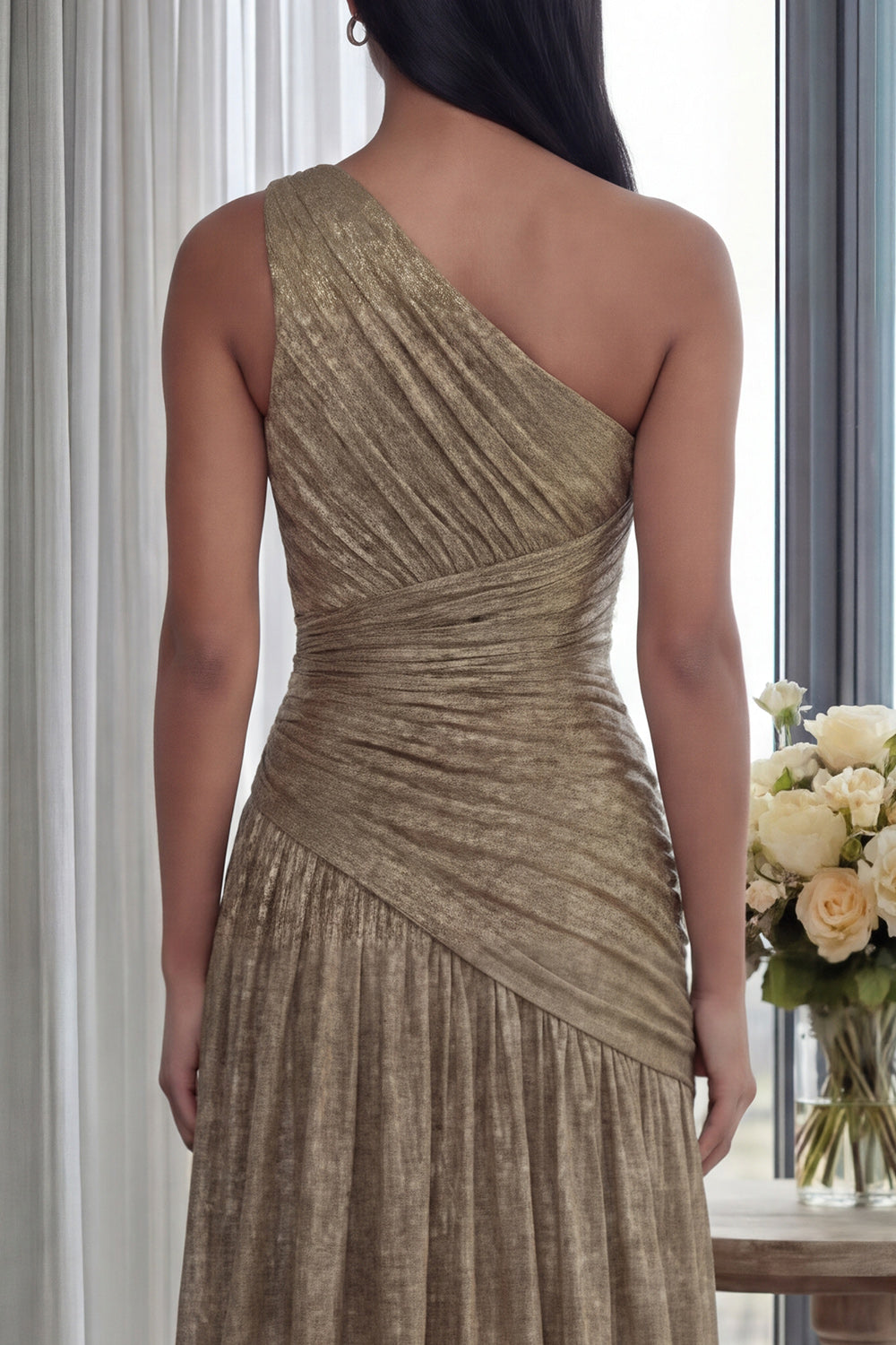 Glitter Gold A Line One Shoulder Pleated Long Prom Dress with Slit