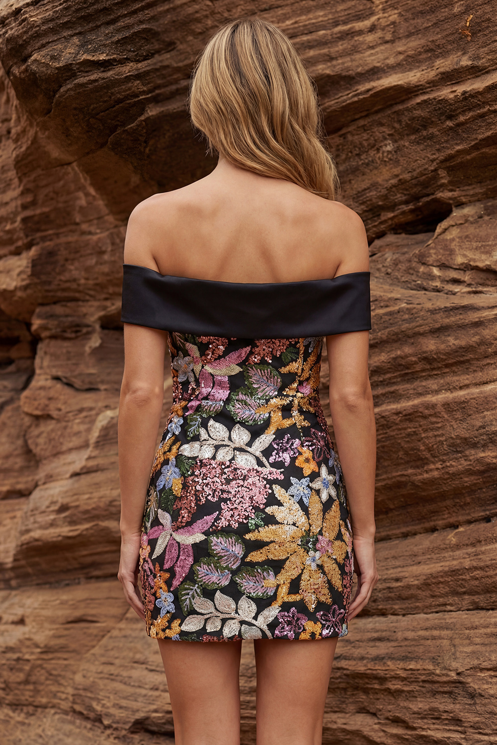 Sparkly Black Floral Off the Shoulder Sequin Short Prom Dress