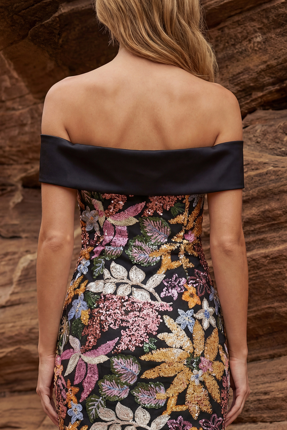 Sparkly Black Floral Off the Shoulder Sequin Short Prom Dress