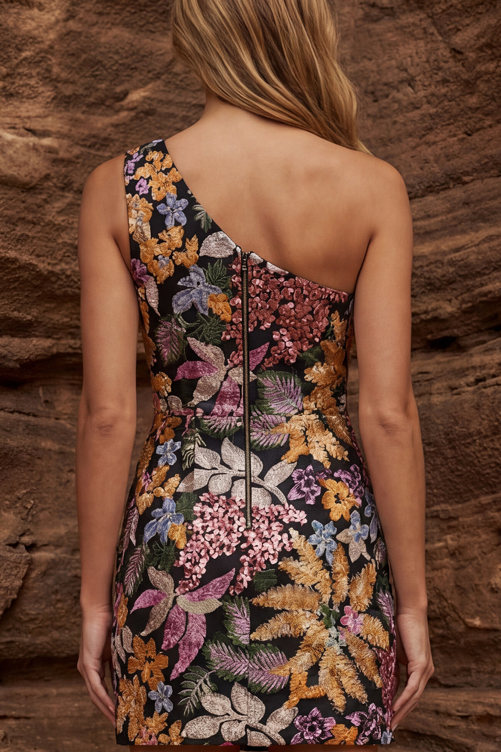 Black Jacquare Tight One Shoulder Floral Short Prom Dress