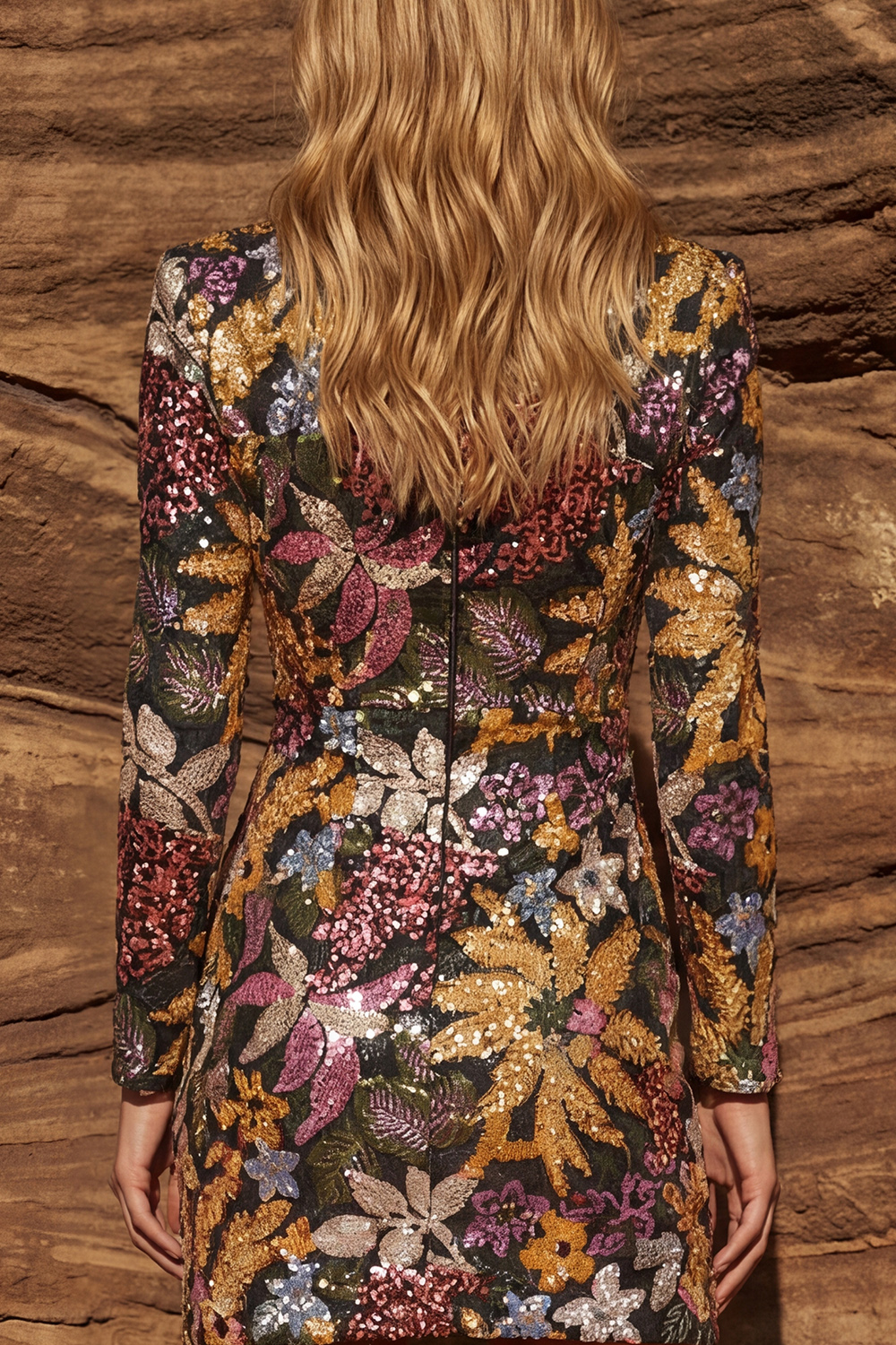 Black Jacquare Floral Asymmetrical V-Neck Short Prom Dress with Sleeves