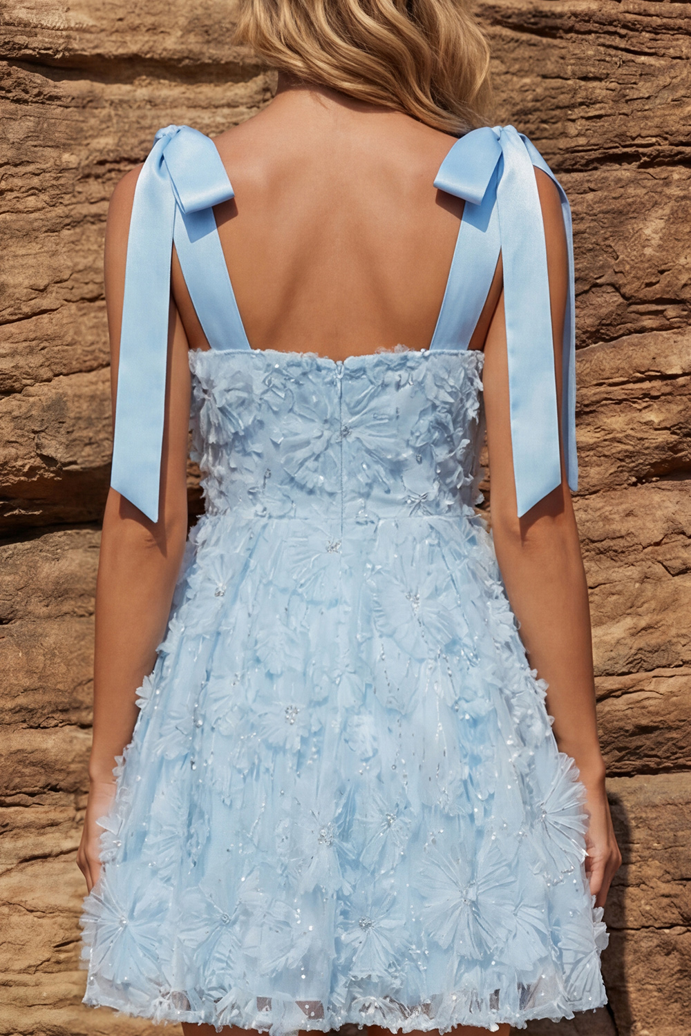 Sky Blue Jacquare A Line Floral Short Prom Dress with Bow