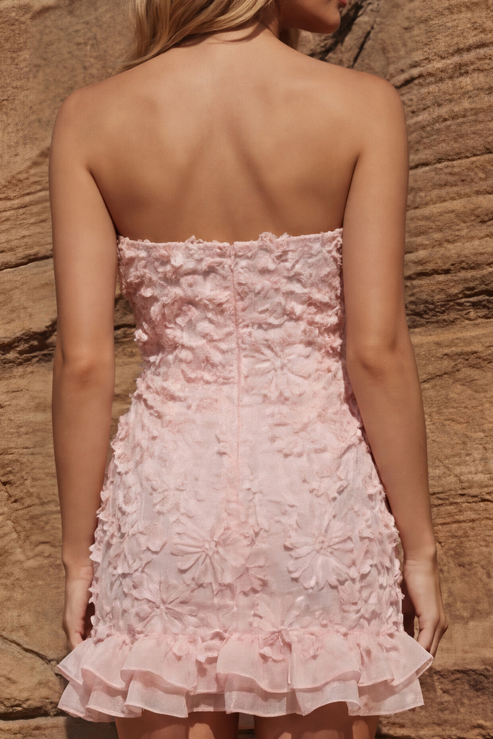 Light Pink Jacquare Strapless Floral Short Prom Dress with Ruffles