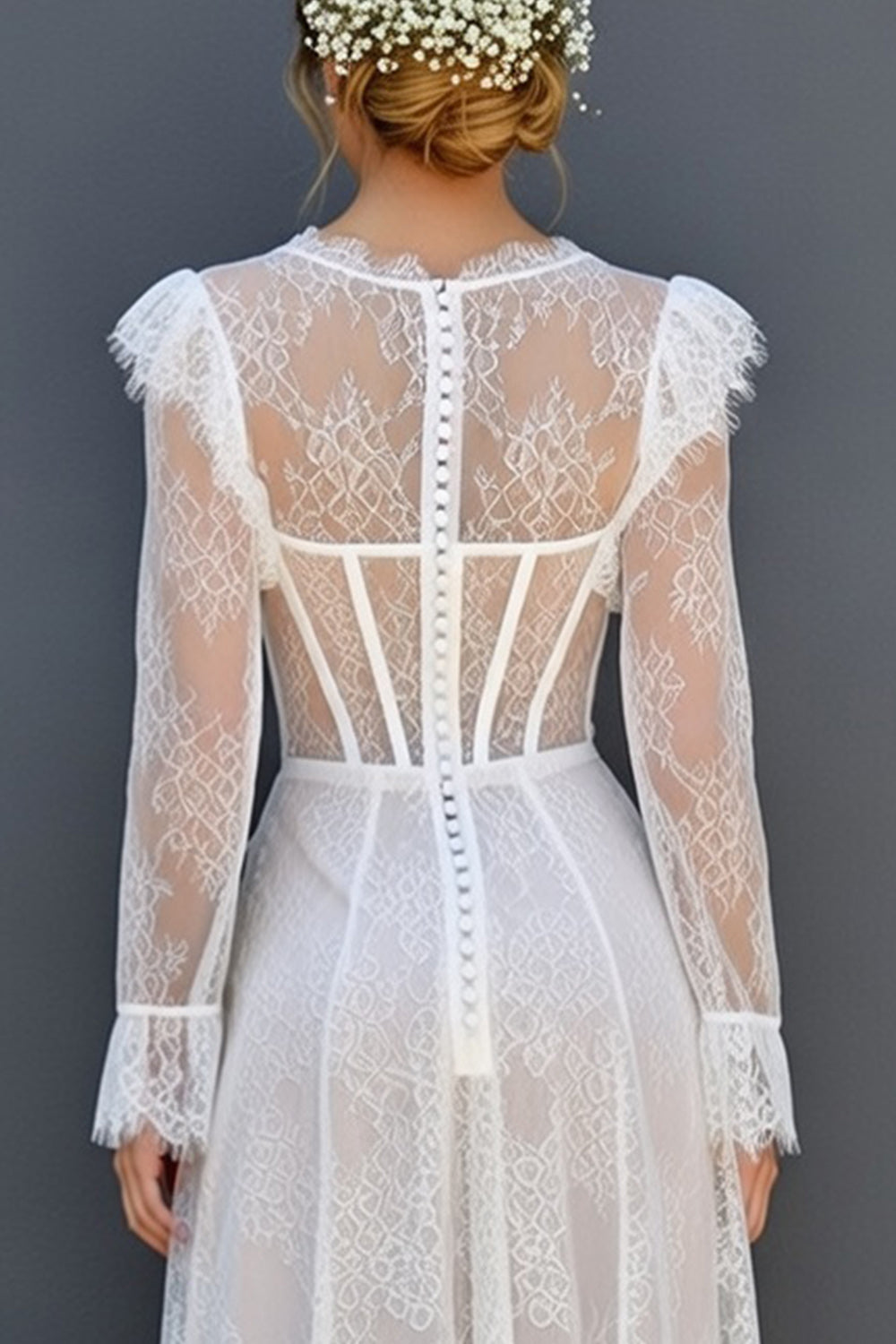 White Long A Line Ruffled Sleeves Corset Round Neck Boho Graduation Dress