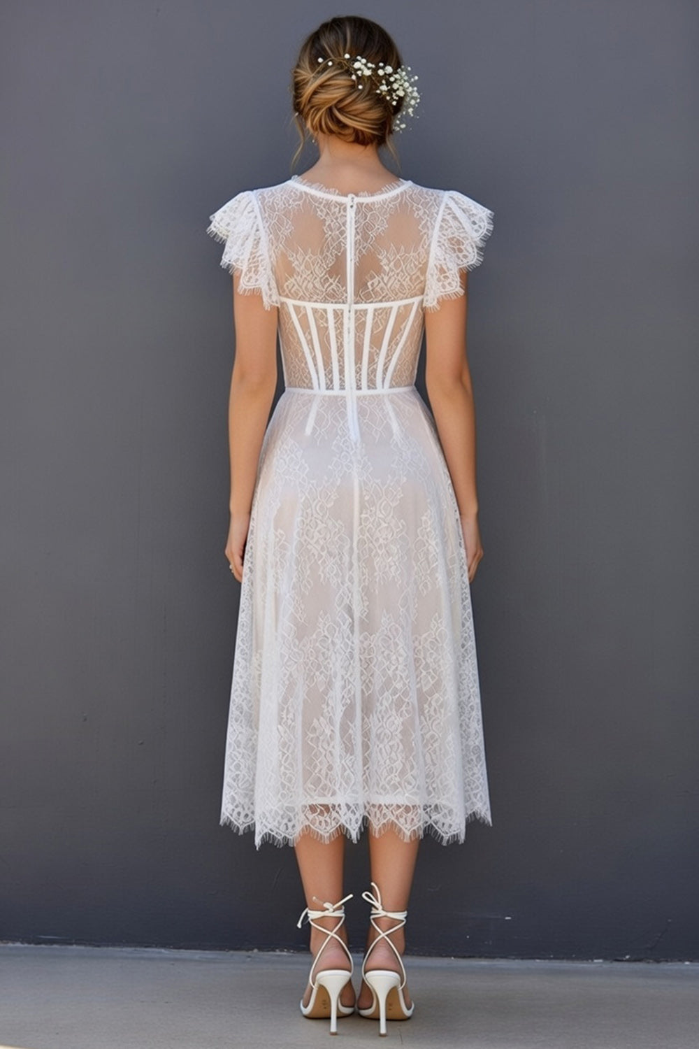 White Round Neck A Line Corset Long Boho Graduation Dress with Ruffles