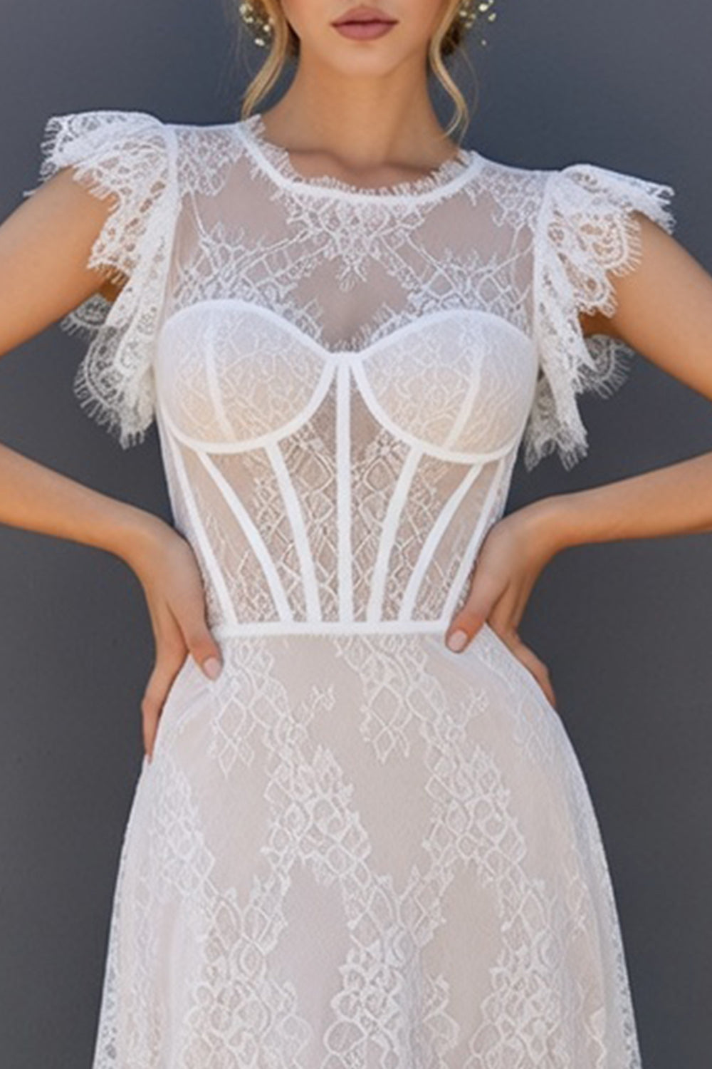 White Round Neck A Line Corset Long Boho Graduation Dress with Ruffles