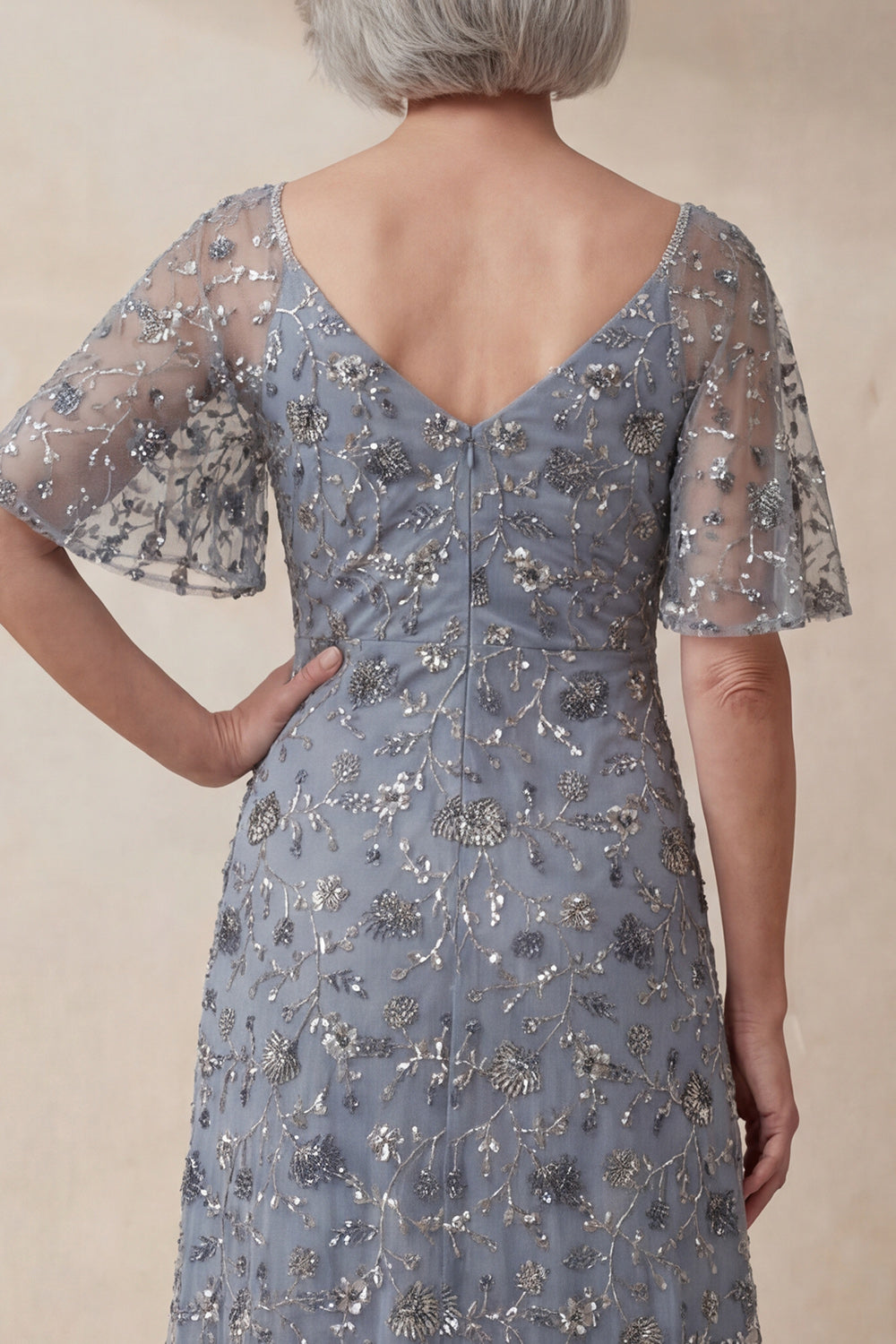 Sparkly V Neck Twilight Floral A Line Long Prom Dress