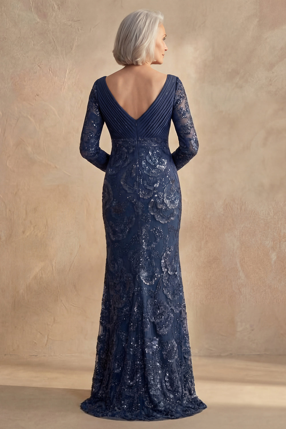 Sparkly Navy V Neck Beaded Floral Prom Dress with Sleeves