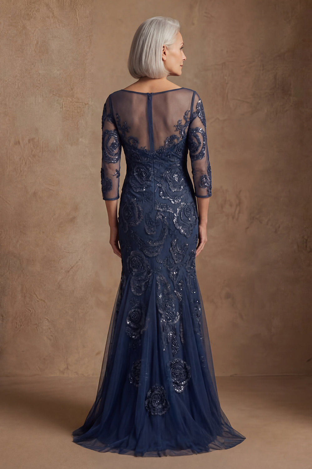 Navy Floral Lace Mermaid Long Beaded Prom Dress with Sleeves