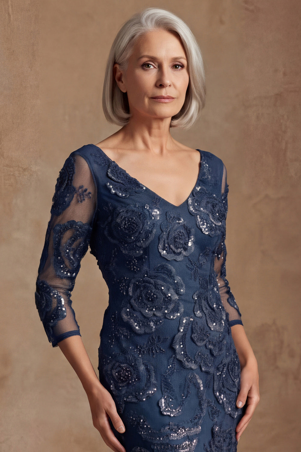 Navy Floral Lace Mermaid Long Beaded Prom Dress with Sleeves