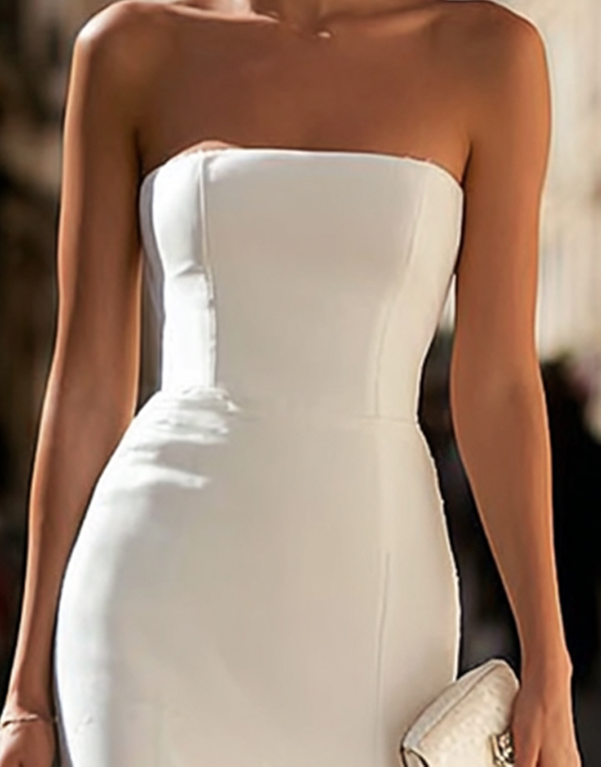 White Satin Sheath Strapless Long Graduation Dress with Lace