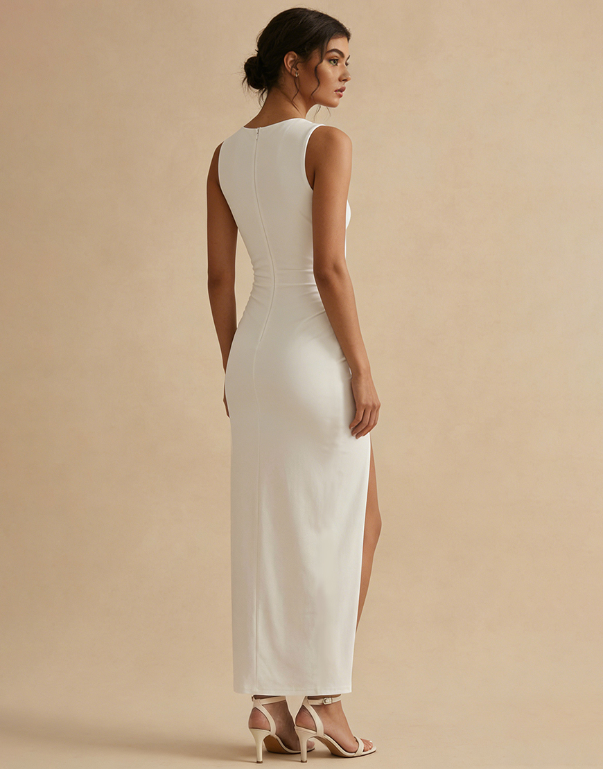White Satin Sheath Ruched Long Graduation Dress with Slit