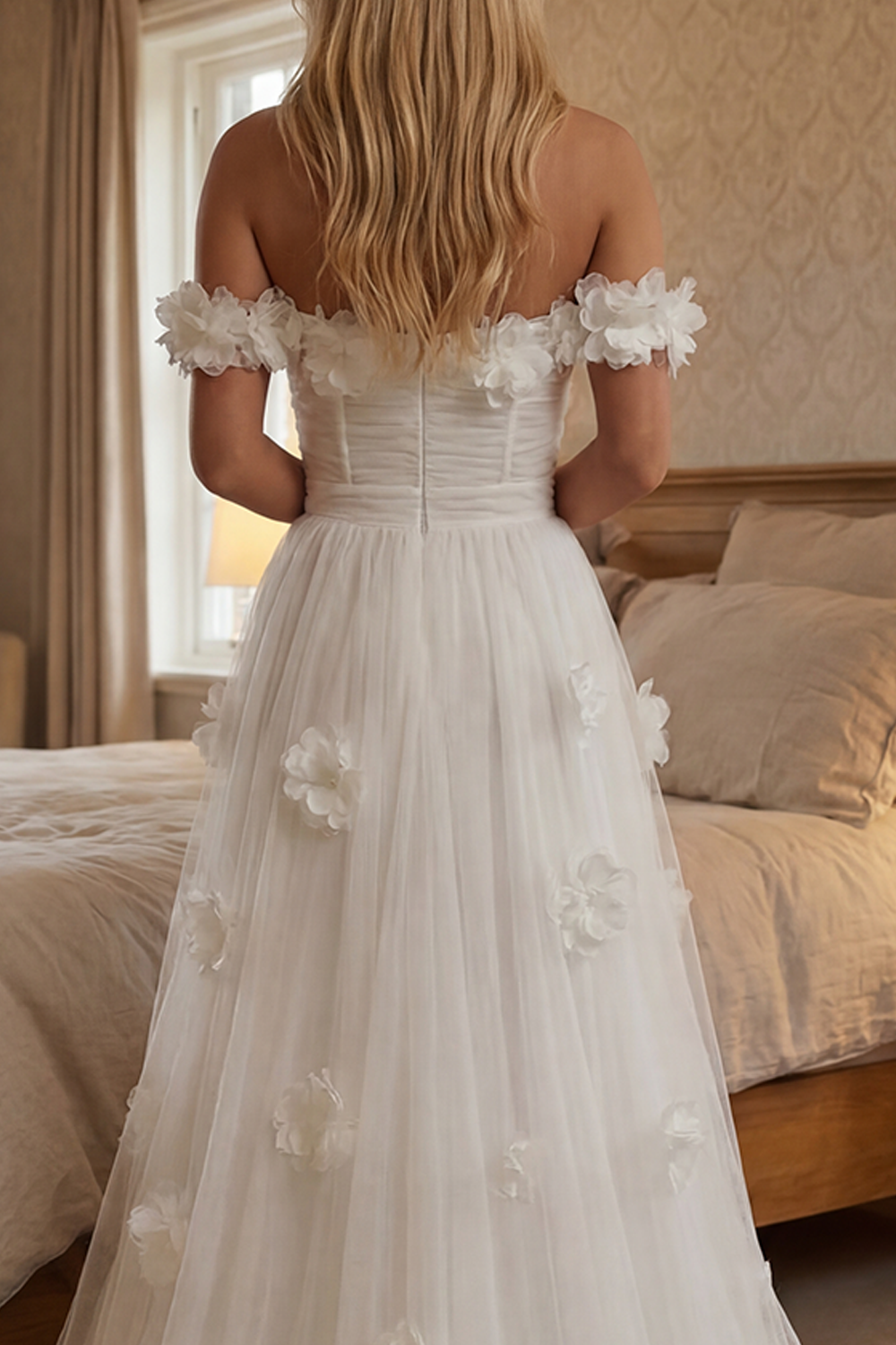 White Tulle Off the Shoulder Floral Long Corset Graduation Dress with Ruffles
