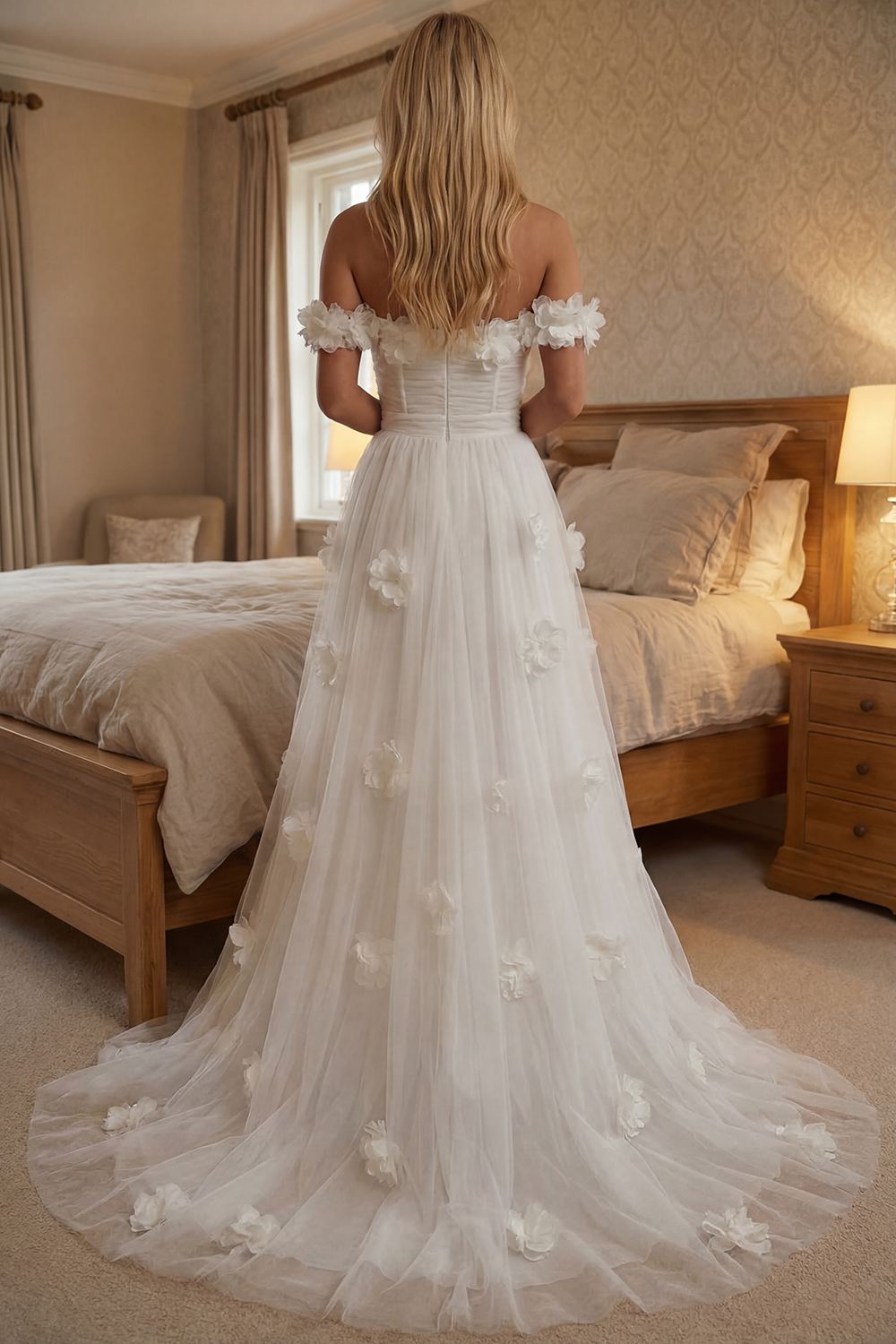 White Tulle Off the Shoulder Floral Long Corset Graduation Dress with Ruffles