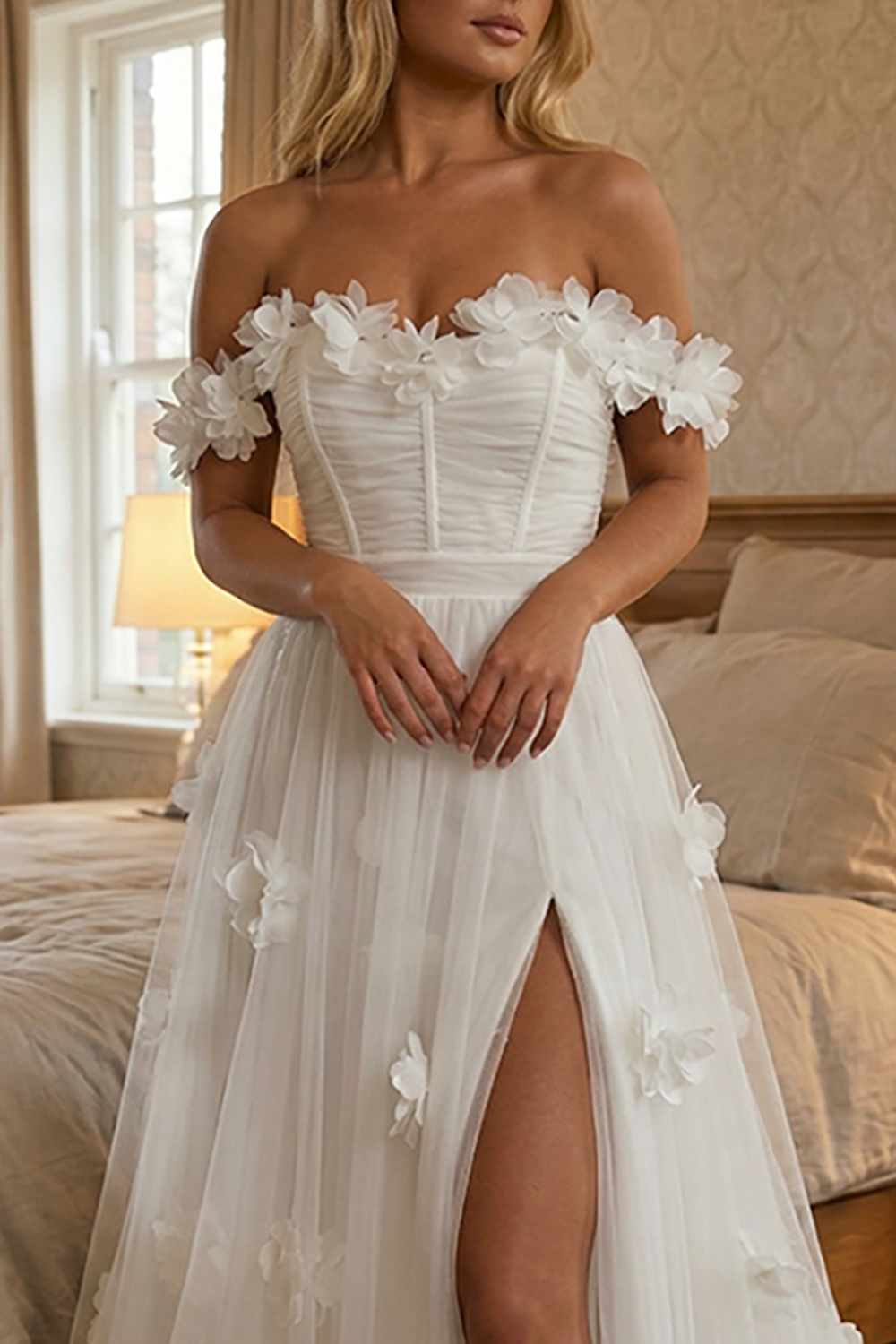 White Tulle Off the Shoulder Floral Long Corset Graduation Dress with Ruffles