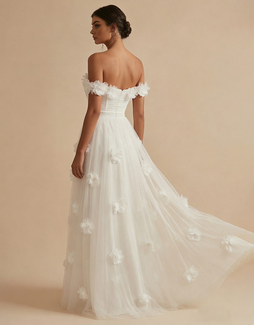 White Tulle Off the Shoulder Floral Long Corset Graduation Dress with Ruffles