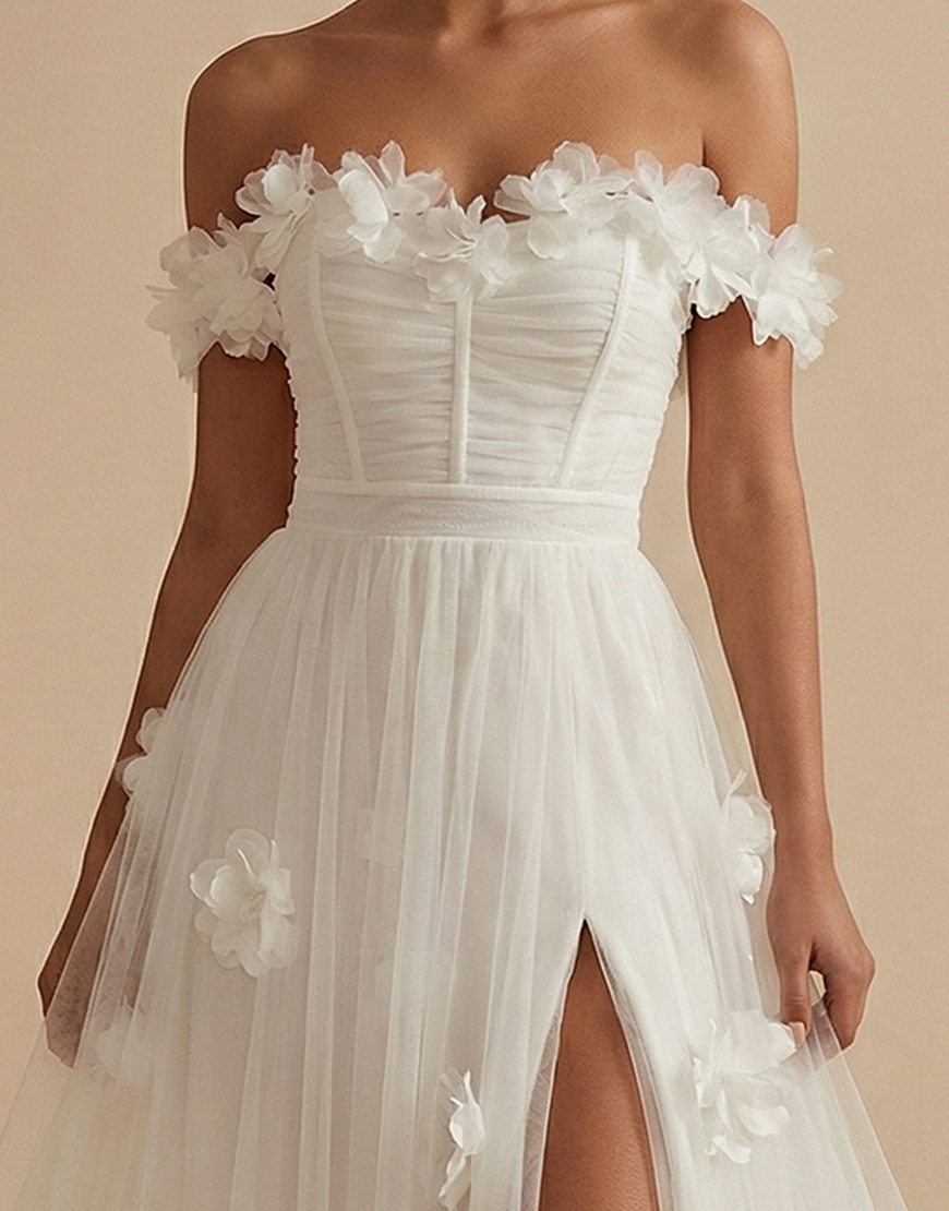 White Tulle Off the Shoulder Floral Long Corset Graduation Dress with Ruffles