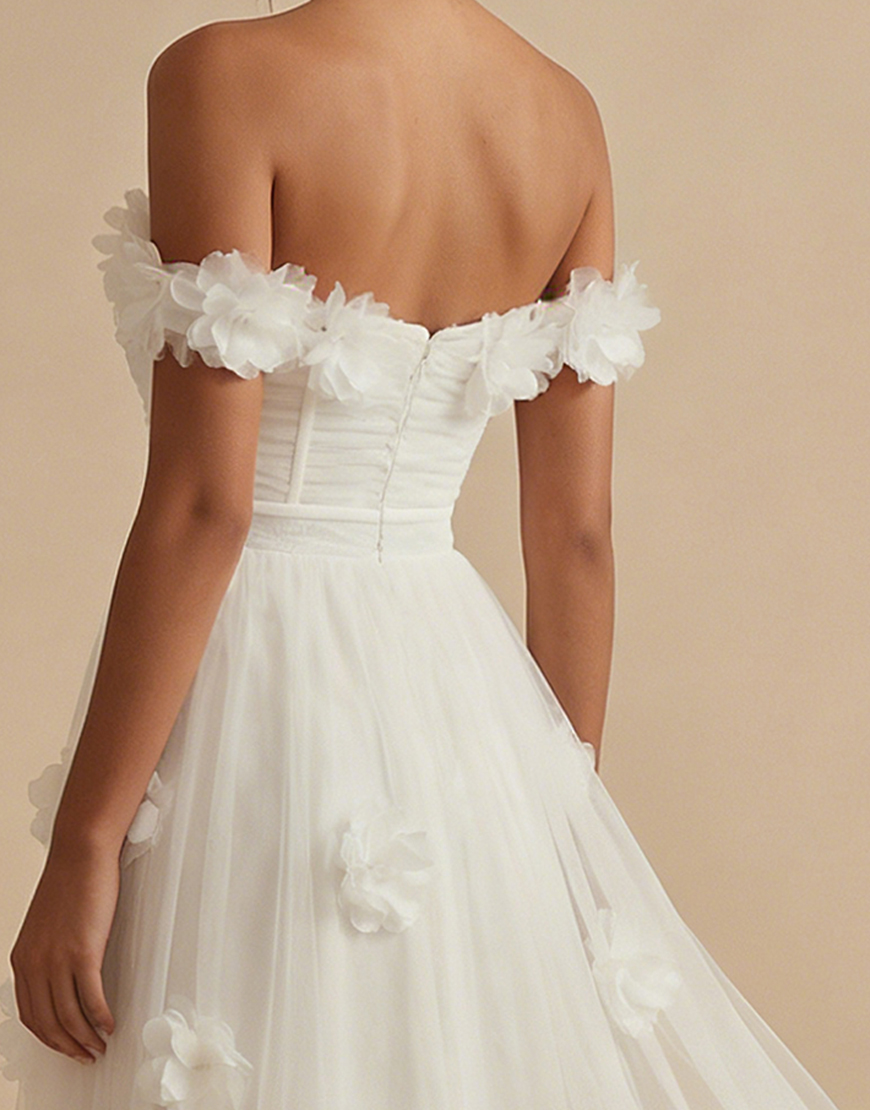 White Tulle Off the Shoulder Floral Long Corset Graduation Dress with Ruffles