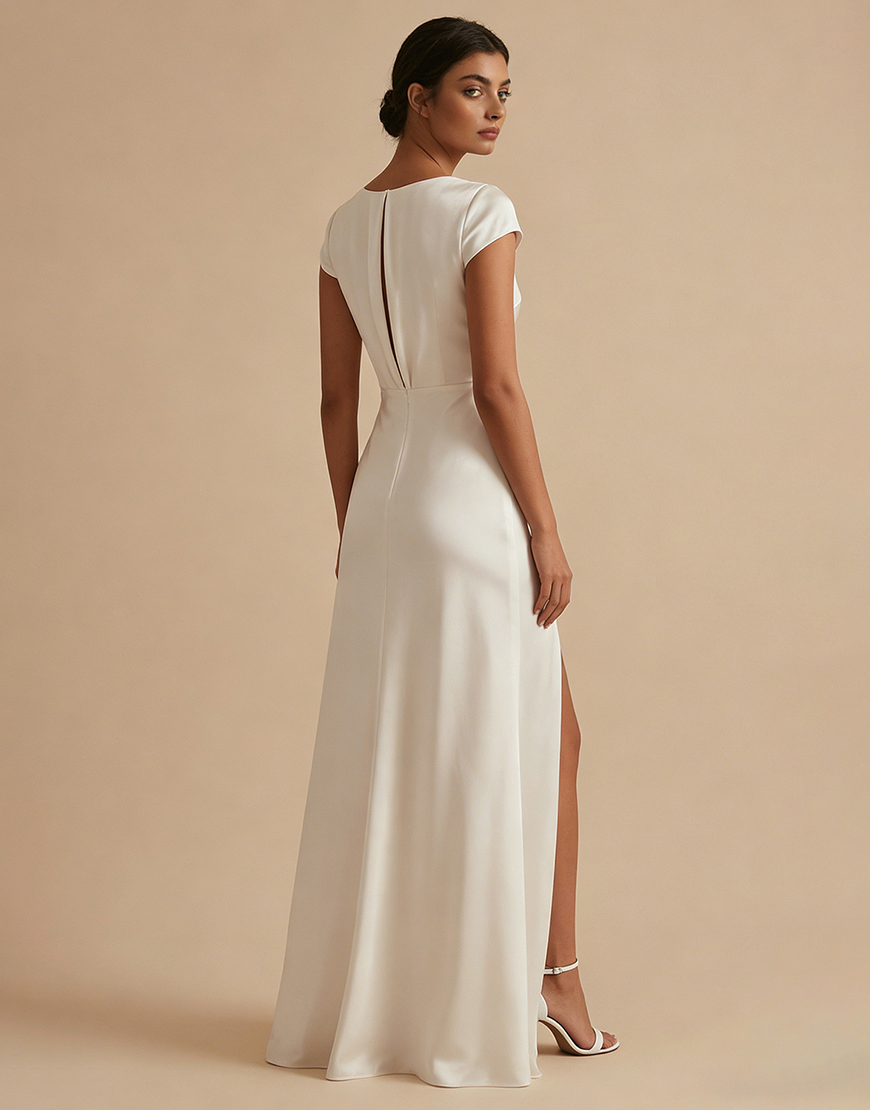 White A Line Cowl Neck Satin Long Graduation Dress with Sleeves