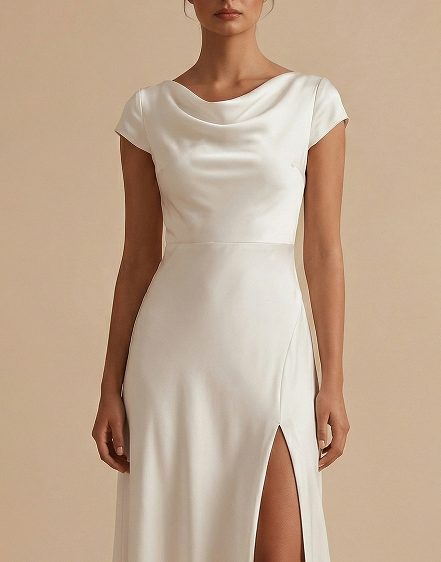 White A Line Cowl Neck Satin Long Graduation Dress with Sleeves