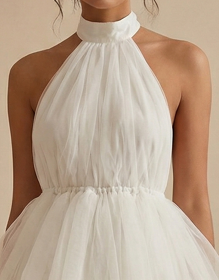 White High Neck Organza A Line Short Graduation Dress with Ruffles