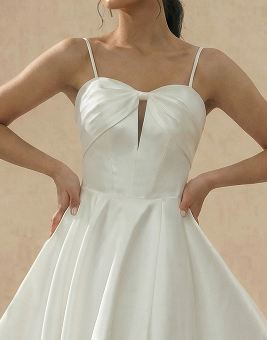White Satin Keyhole Spaghetti Straps Short Graduation Dress with Slit
