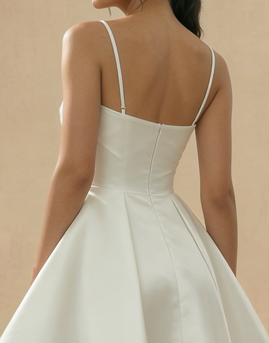 White Satin Keyhole Spaghetti Straps Short Graduation Dress with Slit
