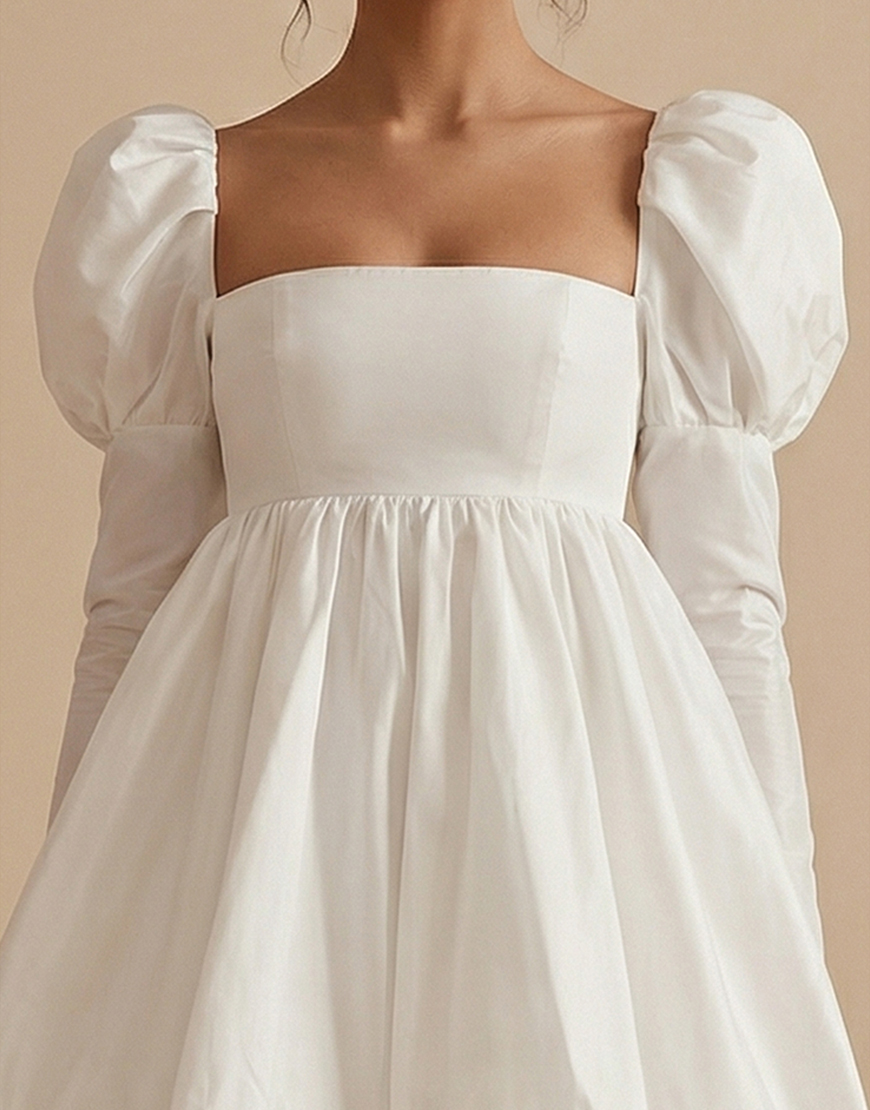 White A Line Square Neck Short Graduation Dress with Sleeves