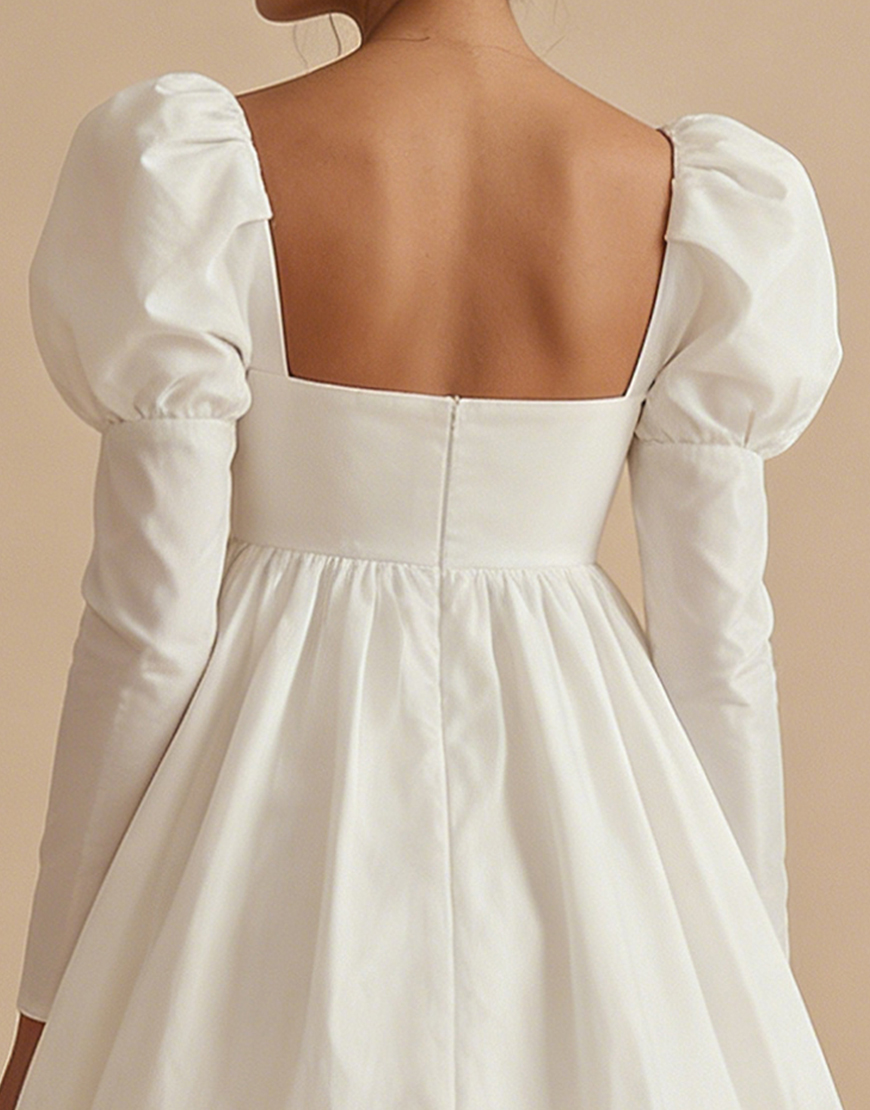 White A Line Square Neck Short Graduation Dress with Sleeves