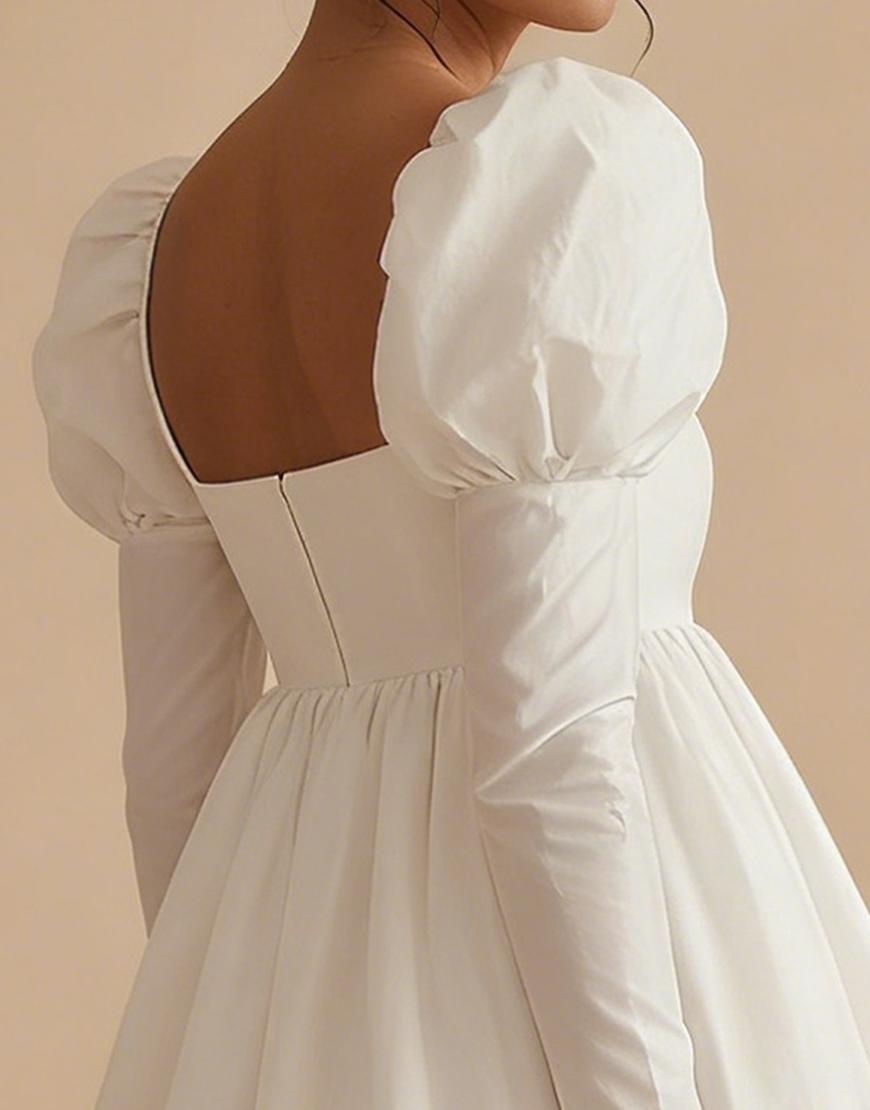 White A Line Square Neck Short Graduation Dress with Sleeves