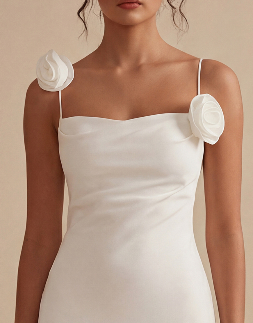 White Tight Satin Spaghetti Straps Short Graduation Dress with 3D Flowers