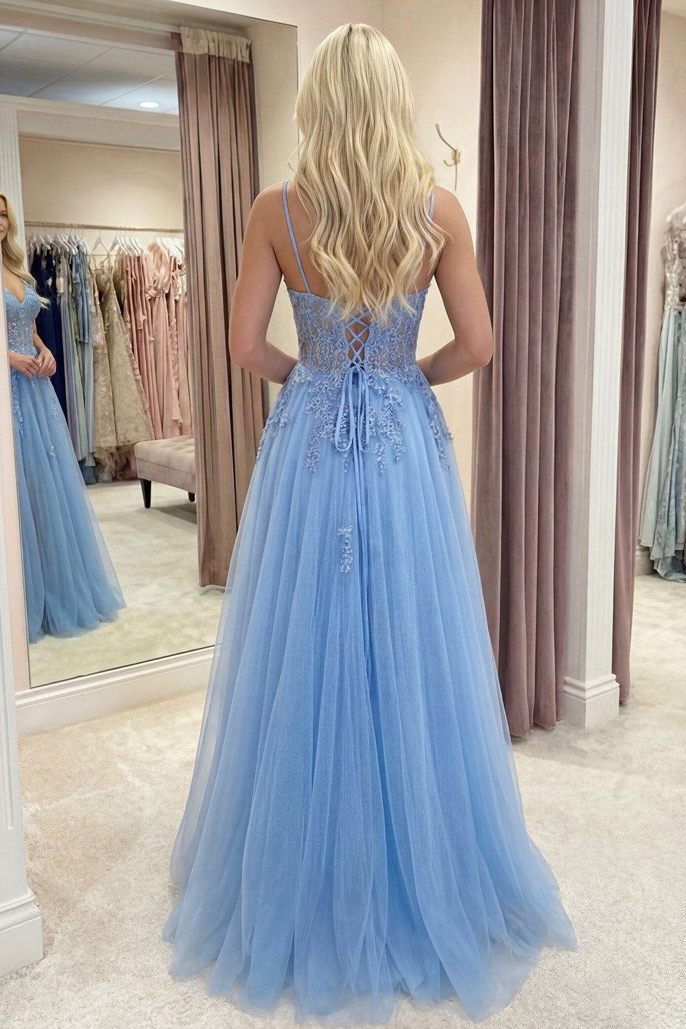 Sparkly Blue A Line Corset Appliqued Floral Beaded Long Prom Dress with Slit