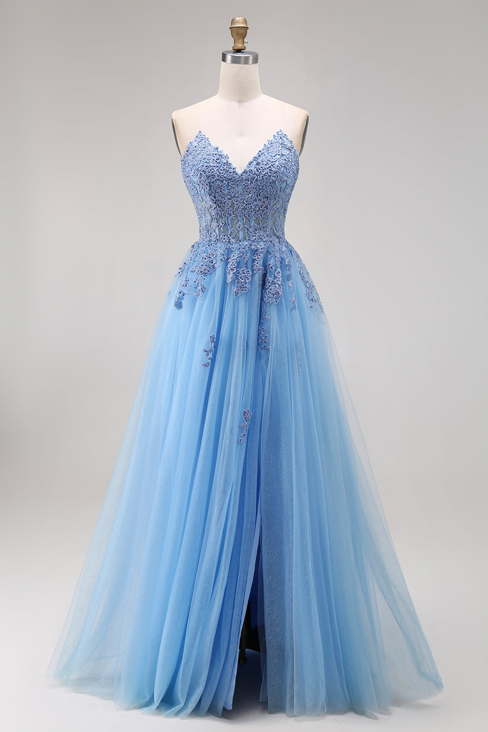 Sparkly Blue A Line Corset Appliqued Floral Beaded Long Prom Dress with Slit