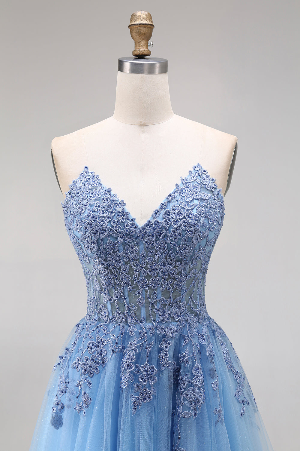 Sparkly Blue A Line Corset Appliqued Floral Beaded Long Prom Dress with Slit