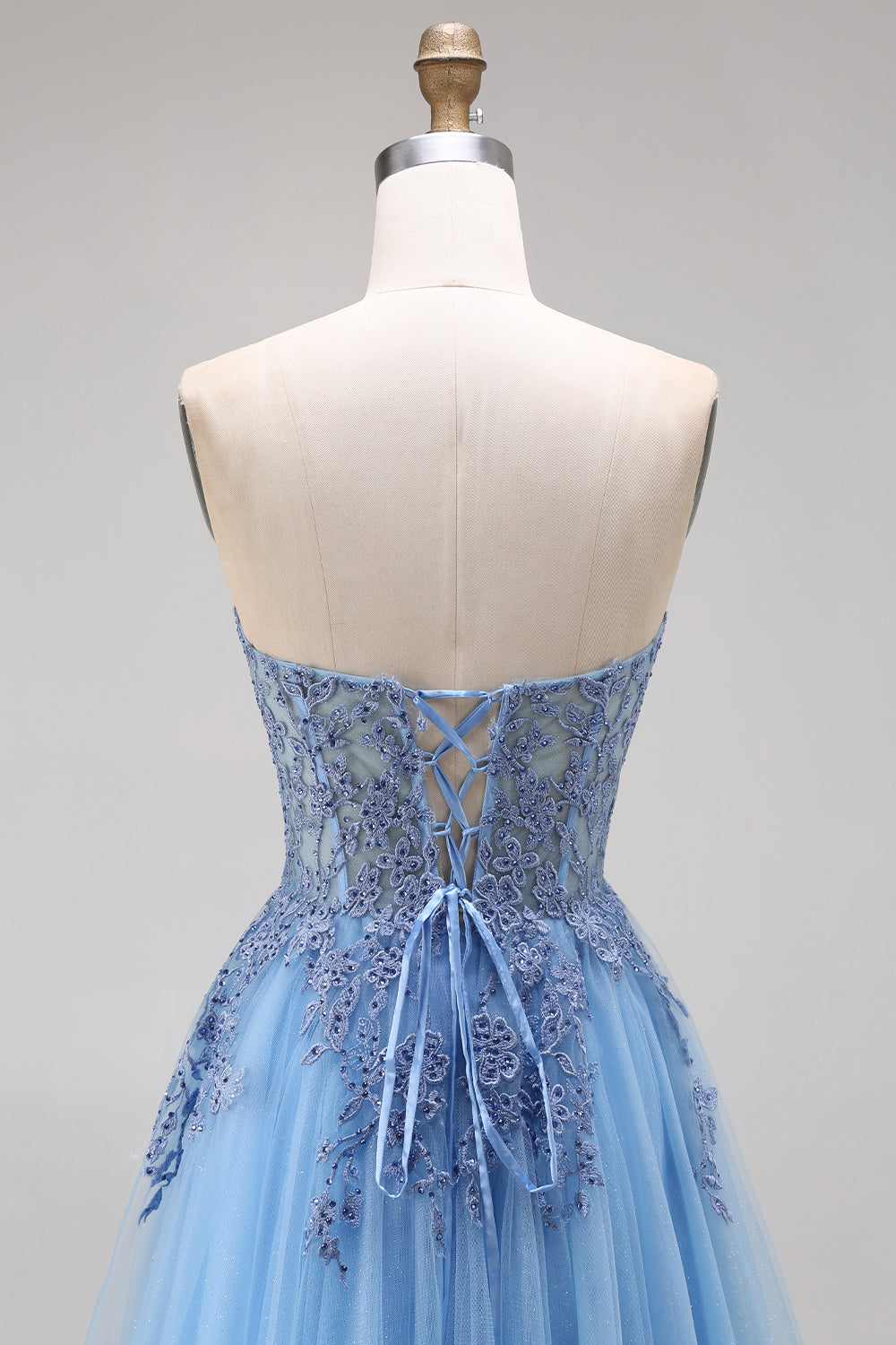 Sparkly Blue A Line Corset Appliqued Floral Beaded Long Prom Dress with Slit