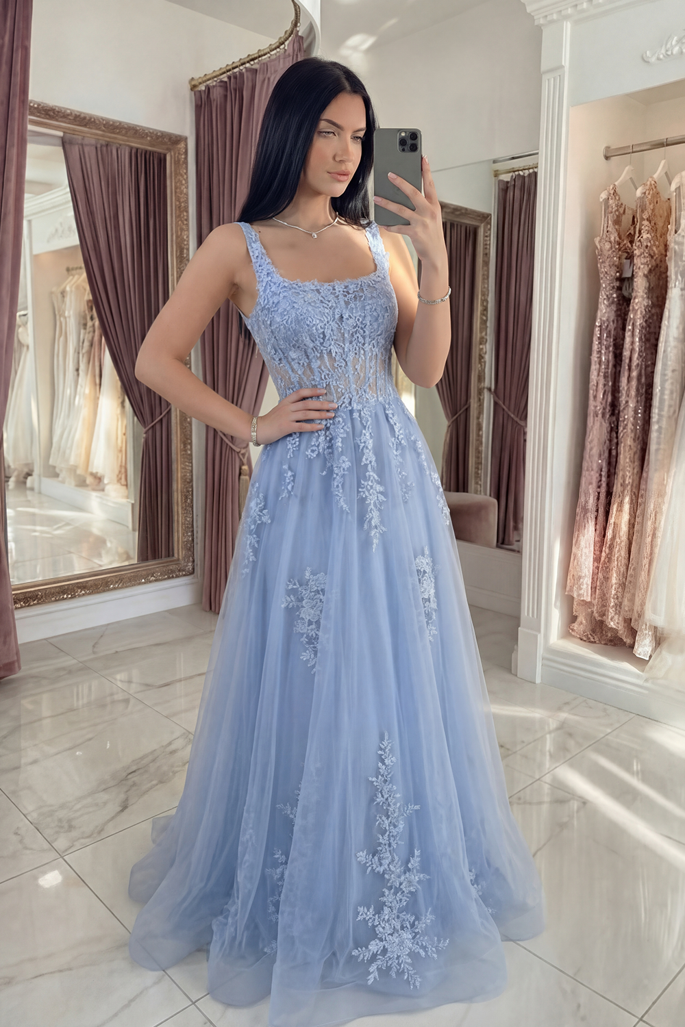 Sparkly Dusty Lavender Corset A Line Appliqued Floral Long Prom Dress with Beading