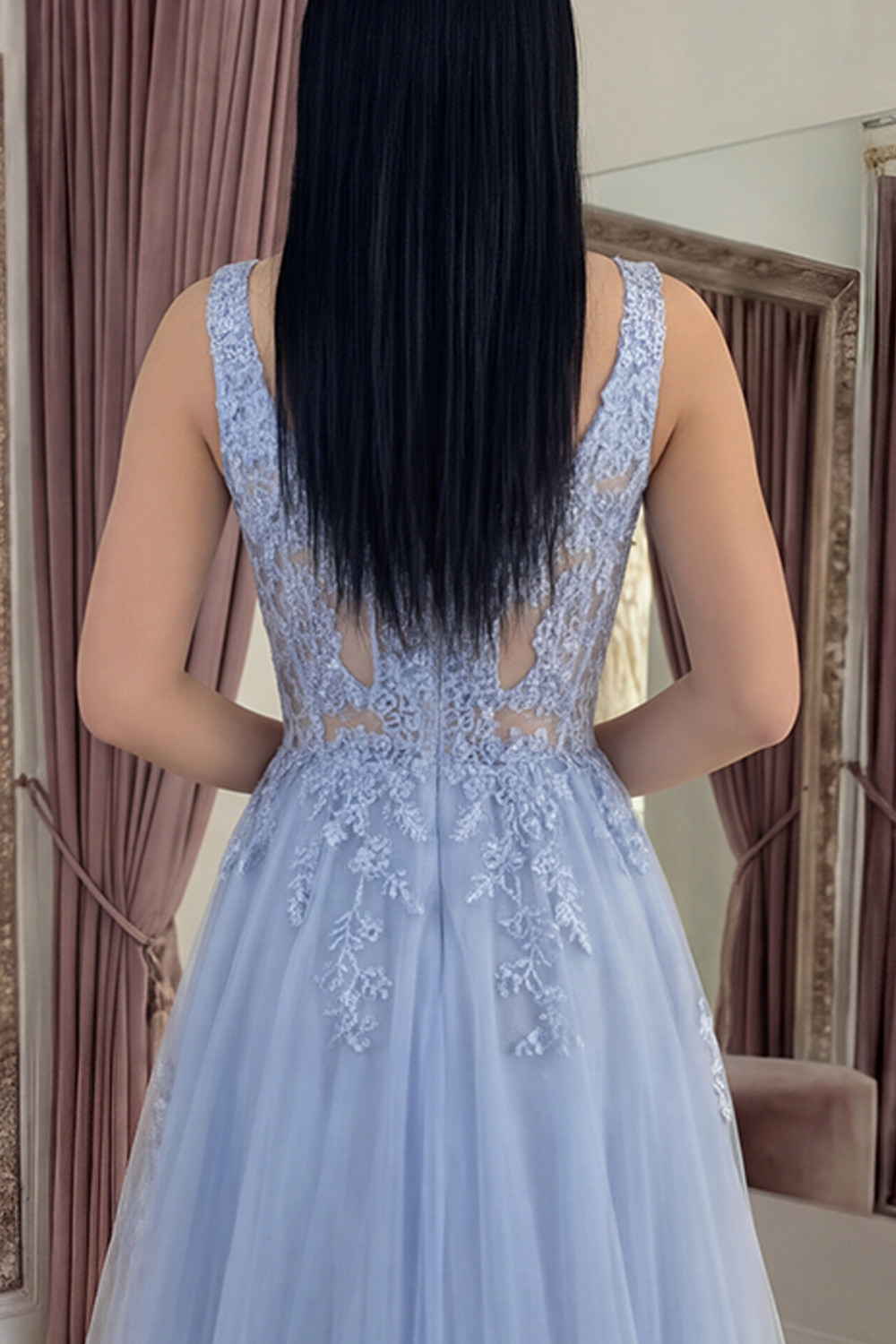 Sparkly Dusty Lavender Corset A Line Appliqued Floral Long Prom Dress with Beading