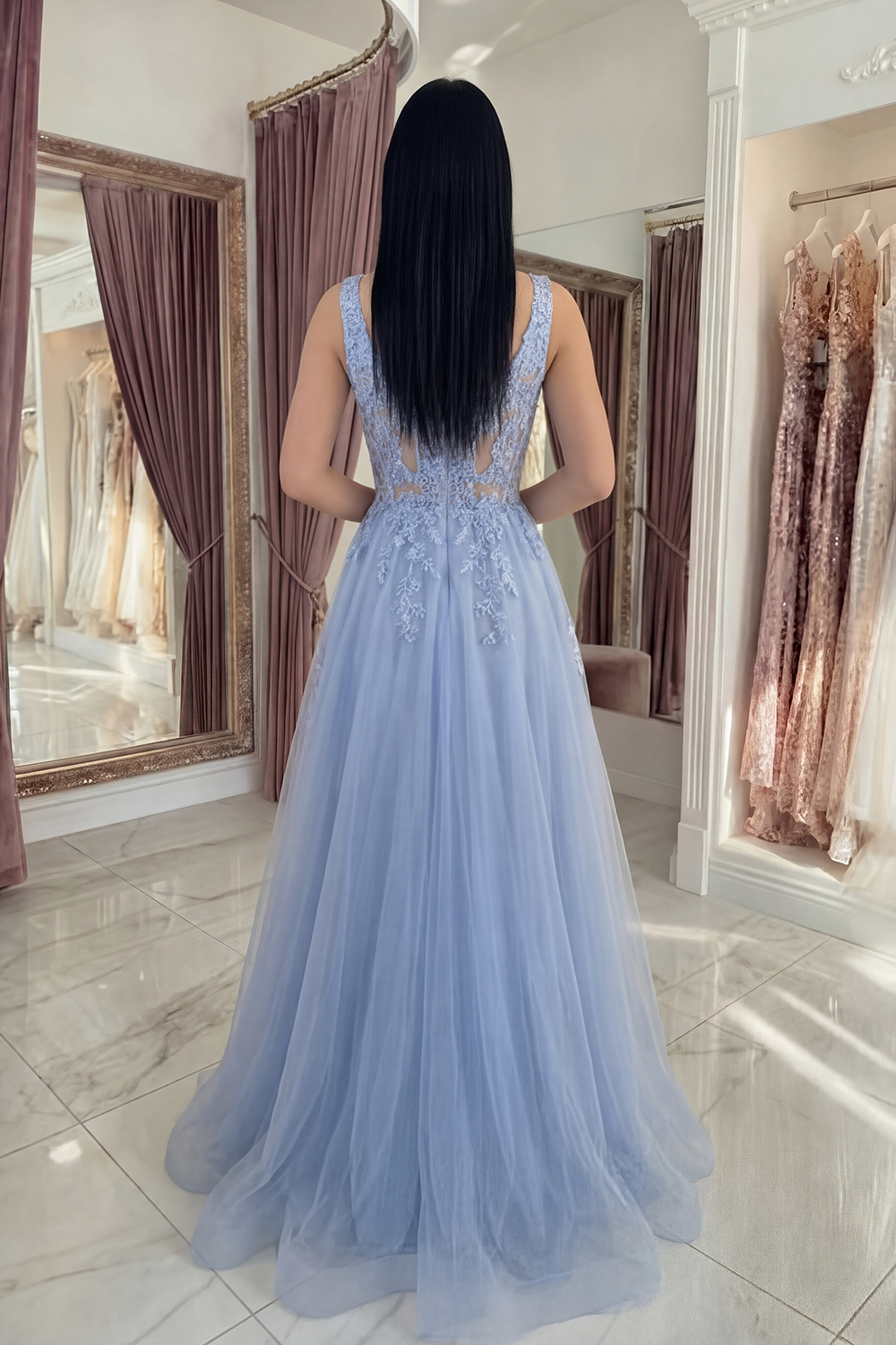 Sparkly Dusty Lavender Corset A Line Appliqued Floral Long Prom Dress with Beading