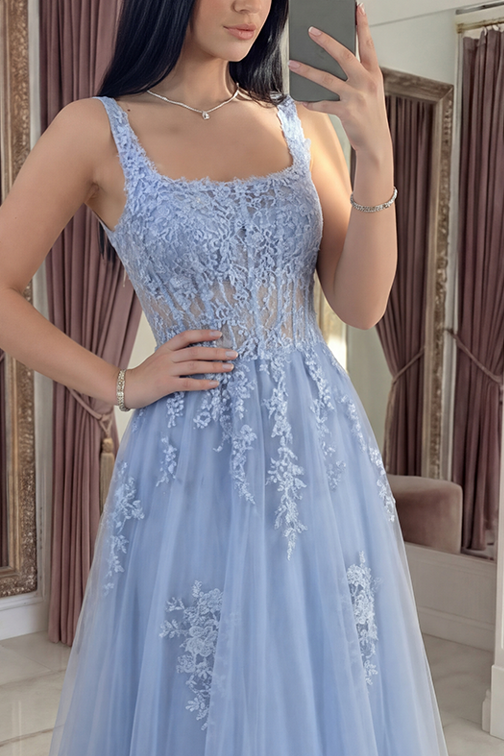Sparkly Dusty Lavender Corset A Line Appliqued Floral Long Prom Dress with Beading