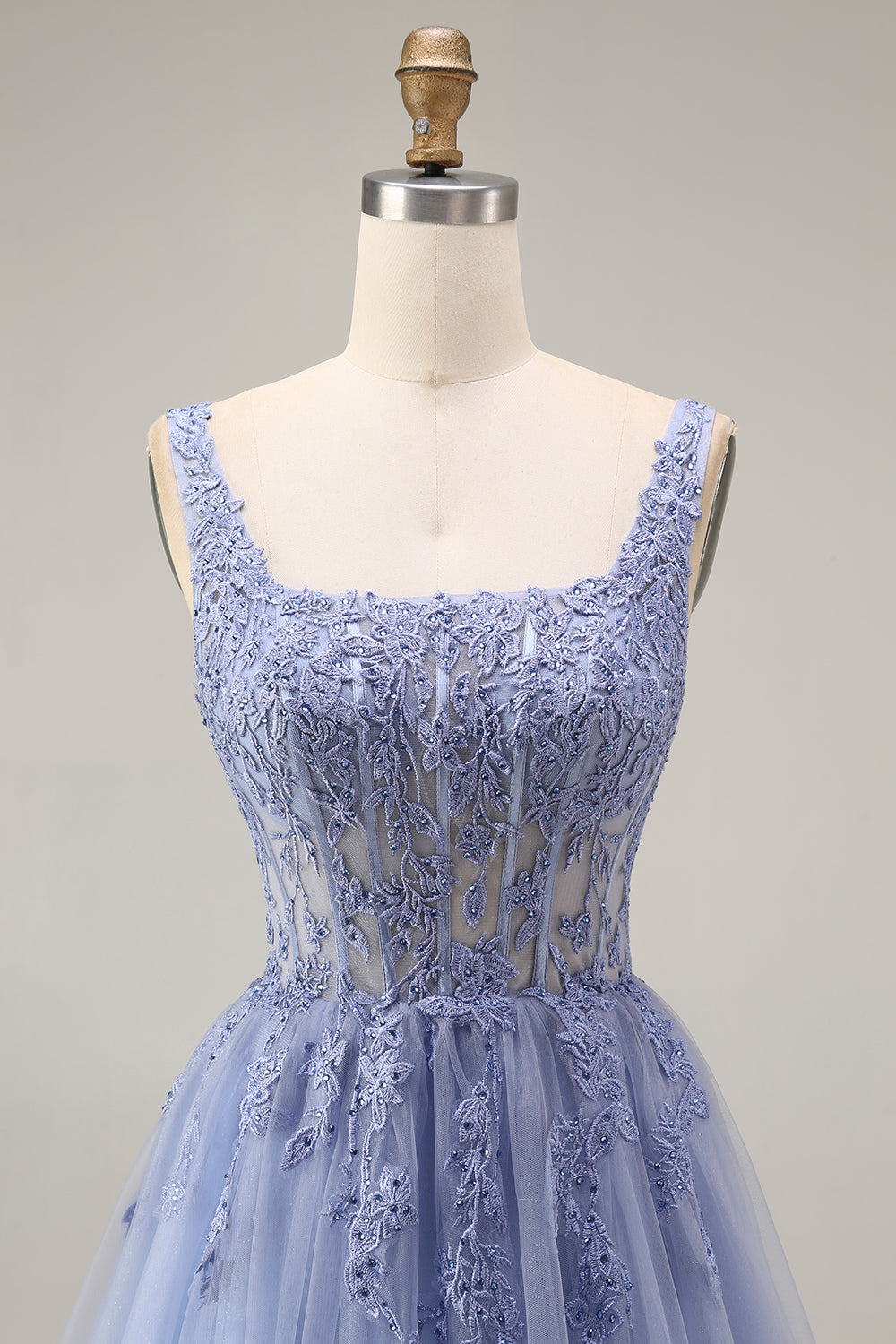 Sparkly Dusty Lavender Corset A Line Appliqued Floral Long Prom Dress with Beading