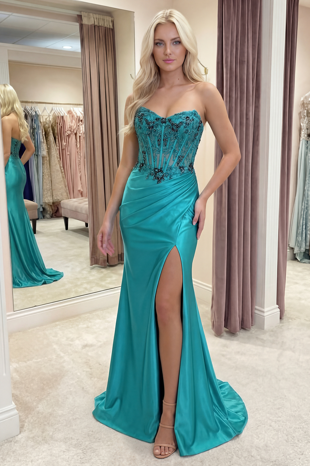 Peacock Floral Strapless Corset Ruched Mermaid Long Prom Dress with Slit