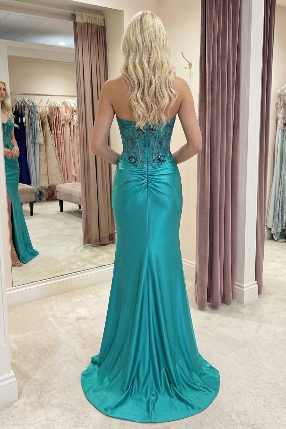Peacock Floral Strapless Corset Ruched Mermaid Long Prom Dress with Slit