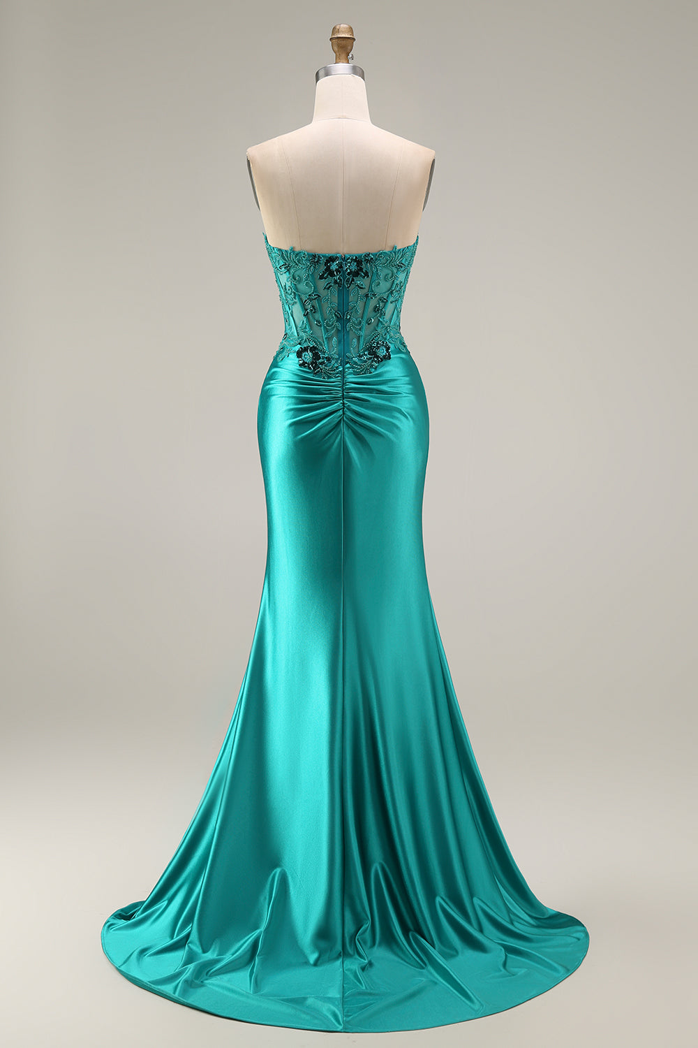 Peacock Floral Strapless Corset Ruched Mermaid Long Prom Dress with Slit
