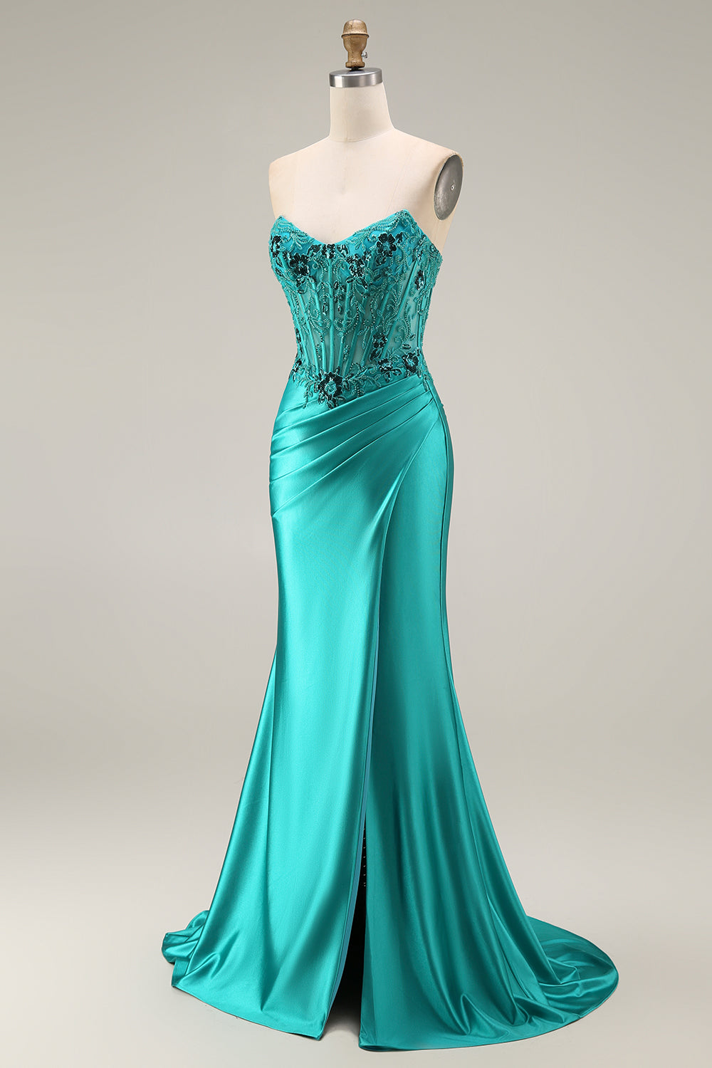 Peacock Floral Strapless Corset Ruched Mermaid Long Prom Dress with Slit