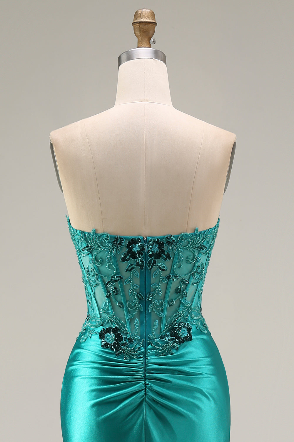 Peacock Floral Strapless Corset Ruched Mermaid Long Prom Dress with Slit