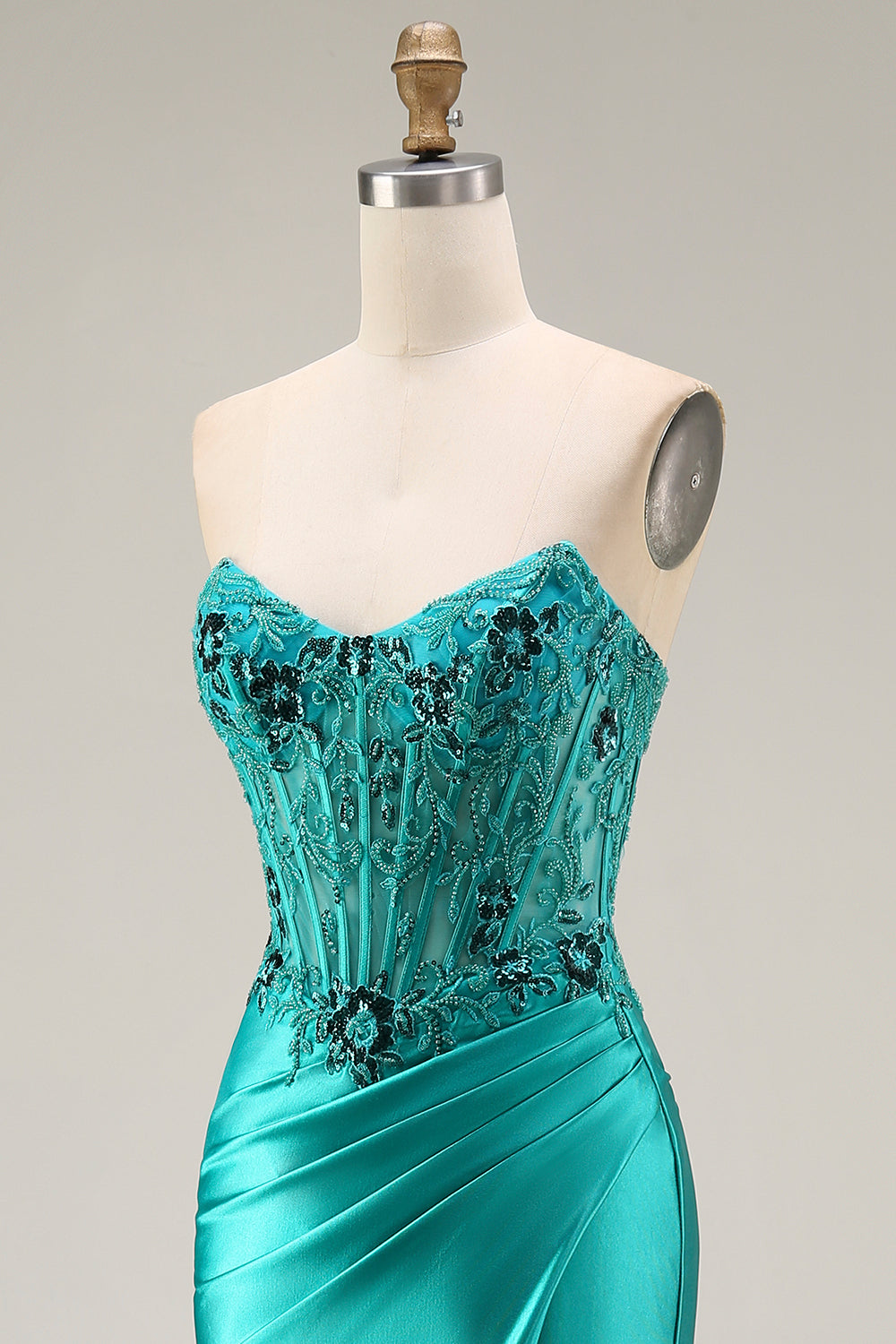 Peacock Floral Strapless Corset Ruched Mermaid Long Prom Dress with Slit