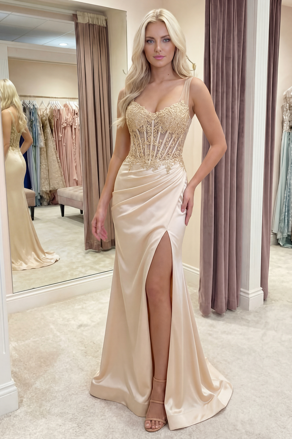 Champagne Beaded Sparkly Corset Ruched Floral Appliqued Mermaid Long Prom Dress with Slit