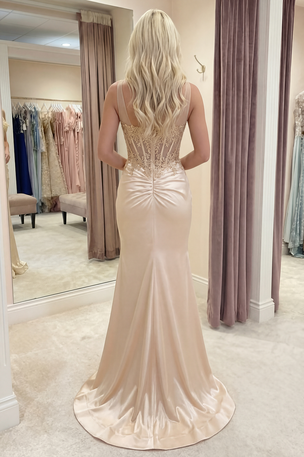 Champagne Beaded Sparkly Corset Ruched Floral Appliqued Mermaid Long Prom Dress with Slit